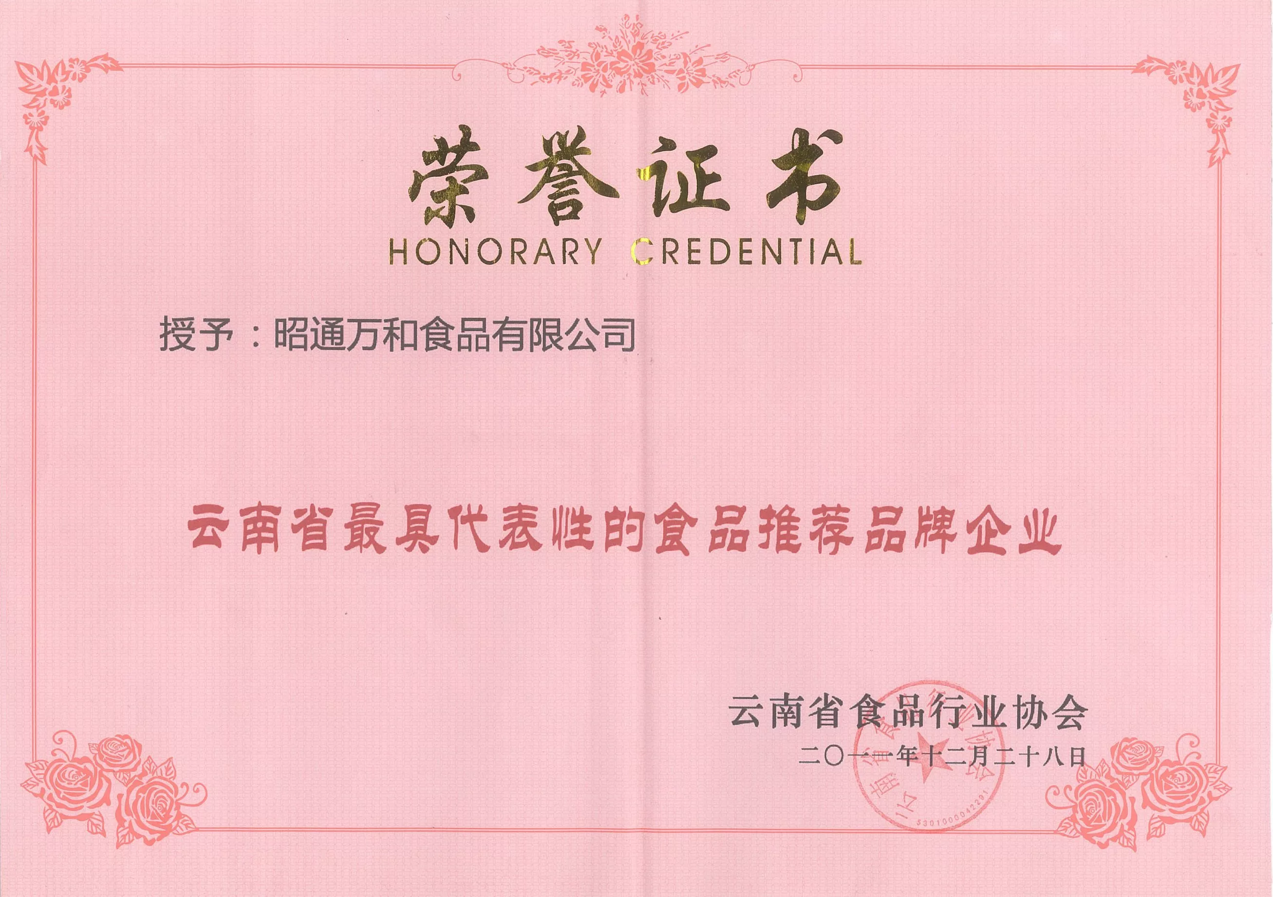 2011年  云南省最具代表性名牌企业